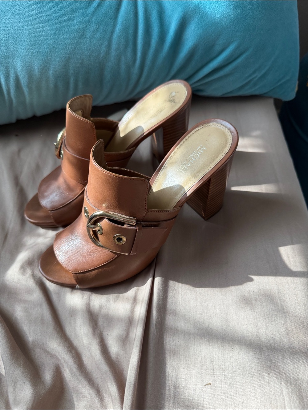 Michael Kors Cognac Brown Leather Buckle Mule Heels